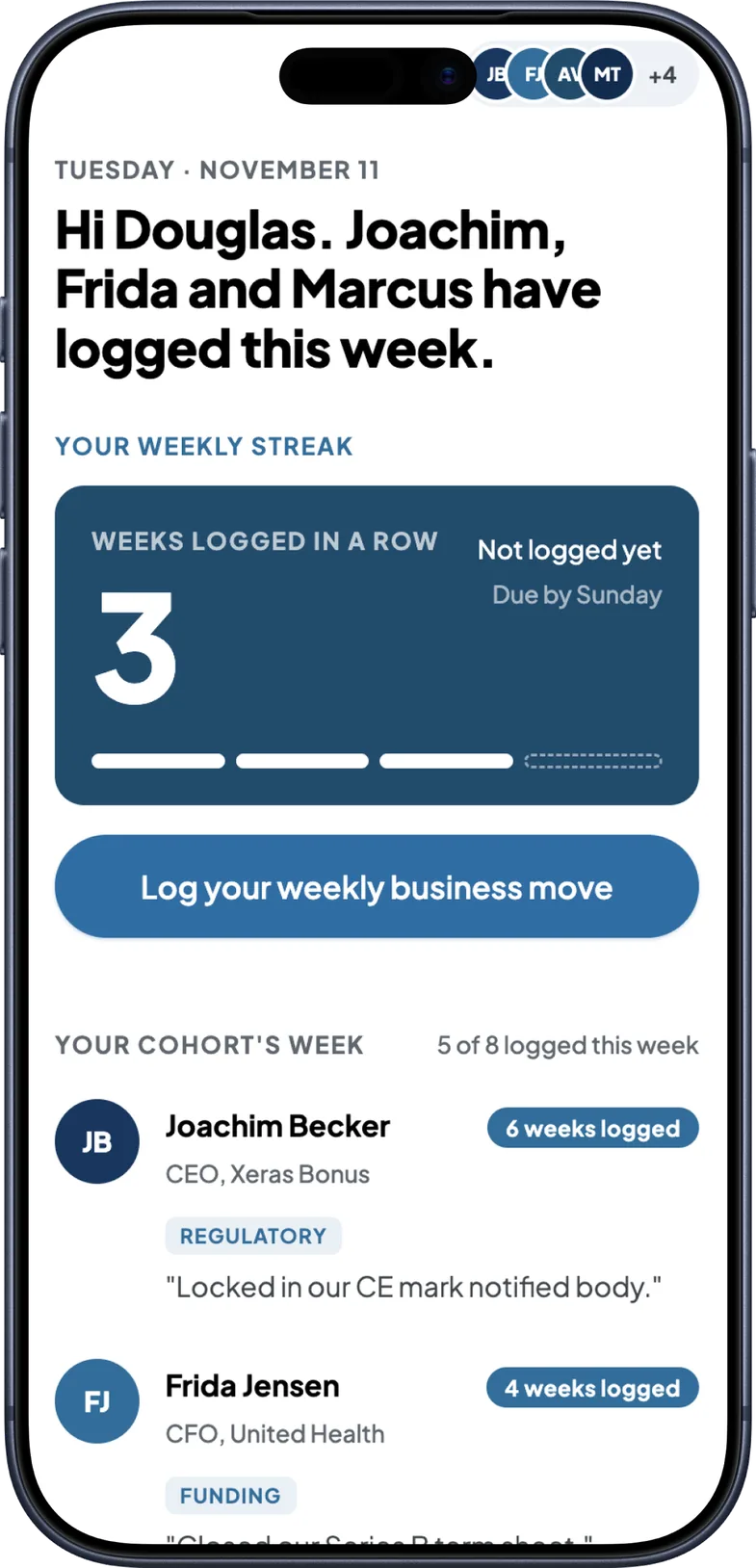The Streak prototype: a three-week streak counter above a Log your weekly business move button, with cohort members’ logged moves listed beneath